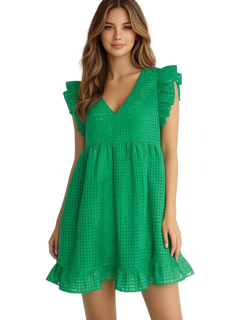JODIFL Emerald Green V-Neck Ruffle Sleeve Mini Dress